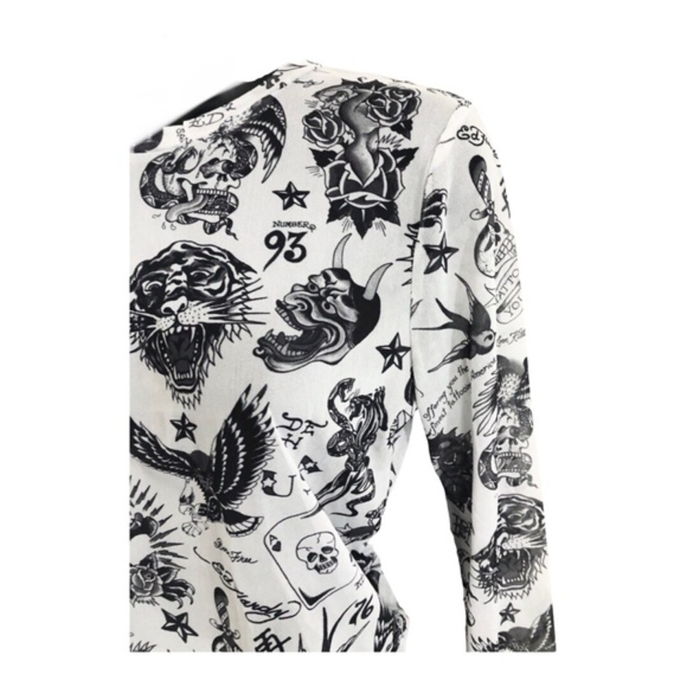 Ed Hardy white iconic Ed Hardy designs printed long‎ sleeve sheer top size large - Picture 9 of 14